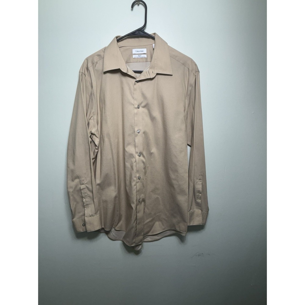 Calvin Klein Steel Plus Slim Fit Wrinkle Free  Dress Shirt 17 32 33 Tan XL